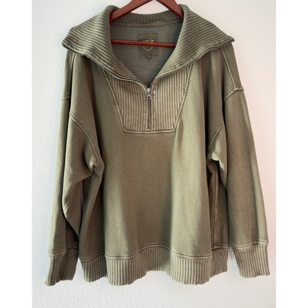 Aerie Quarter Zip Pullover Sweatshirt Olive Green Ribbed Trim Casual Lounge Med